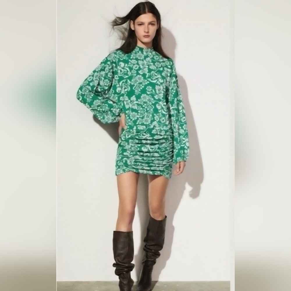 Zara Festive Jacquard Balloon Sleeve Knit Green/White Floral Ruched Dress - Picture 10 of 10